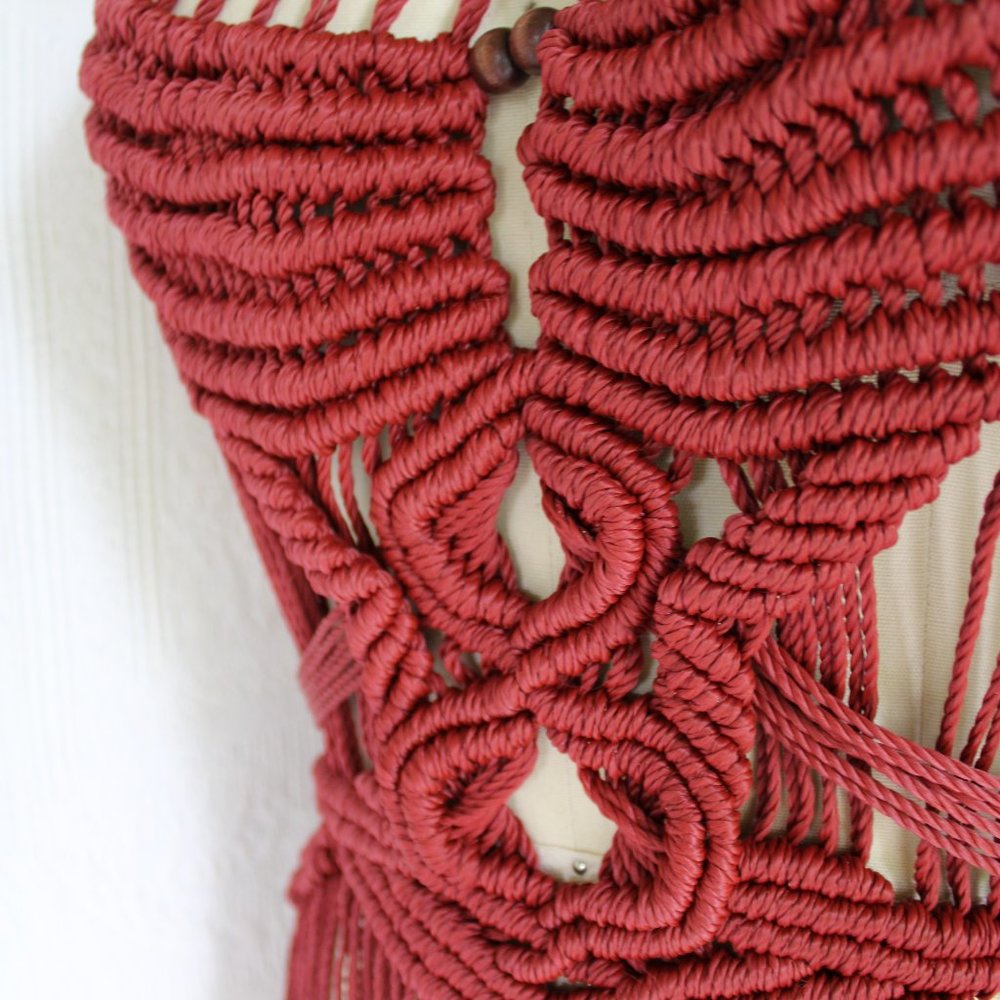 Vintage 60s hippie MACRAME crochet halter tunic dress fringe beaded Free People - Picture 4 of 11